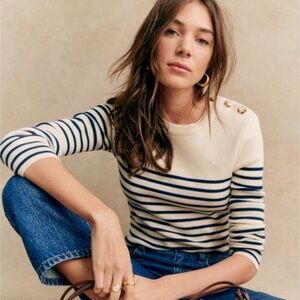 Sezane Striped Navy Neutral Matthis Jumper Sweater Top, 100% Cotton, Small